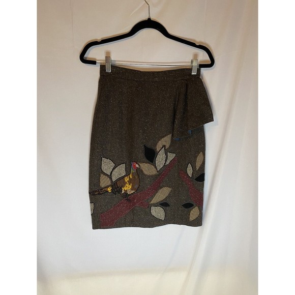 Floreat Anthropologie Embroidered Pheasant Ruffle Wool Blend Skirt Brown Size 2 - Picture 1 of 3